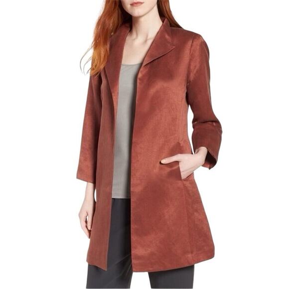 Eileen Fisher Rust Organic Linen Silk Satin Open Front Coat Sz. Medium MSRP $398 - Picture 6 of 6
